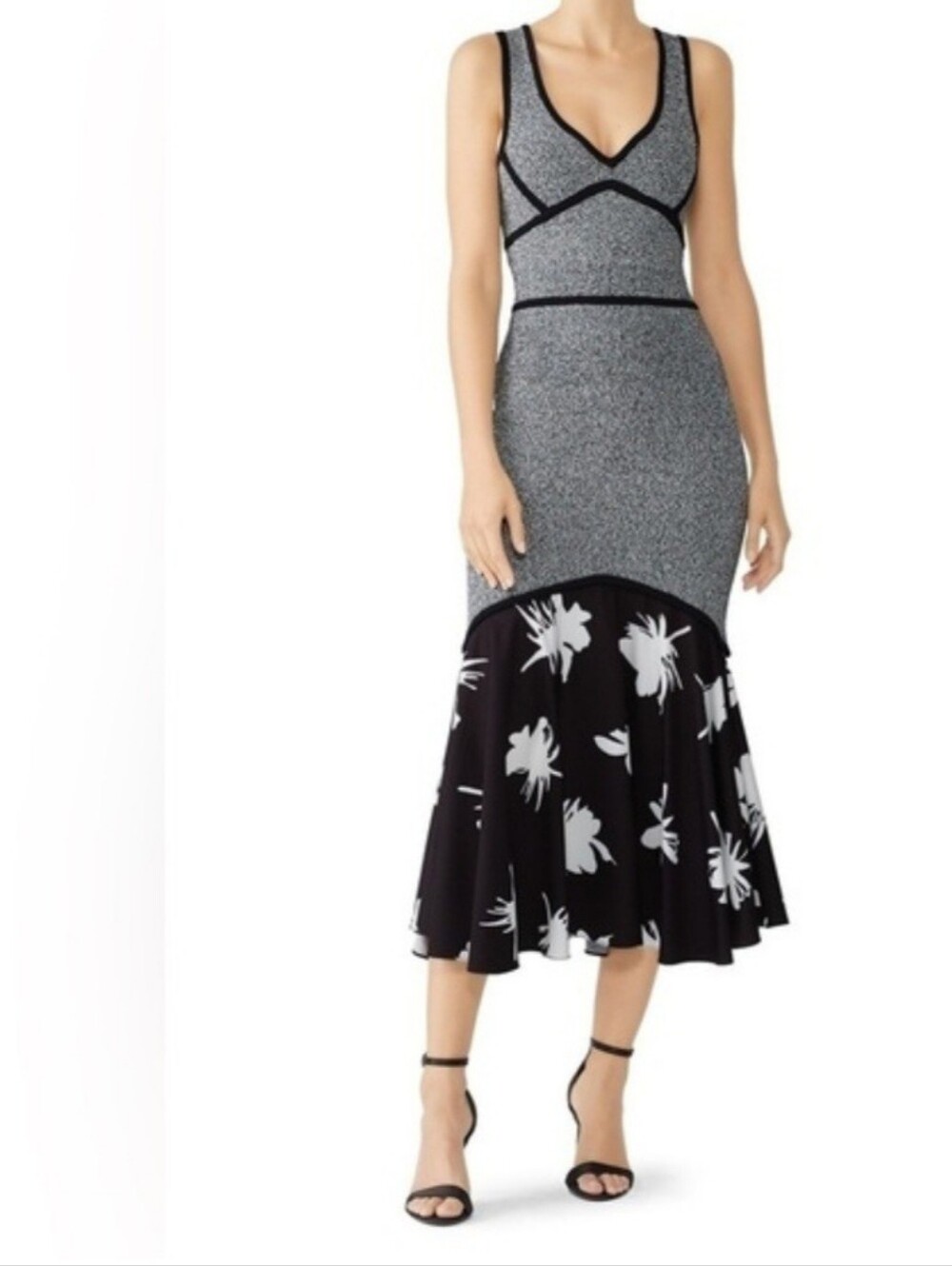 Prabal Gurung Collective Gray & Black Floral Bodycon Flare Hem Midi Dress,New, S
